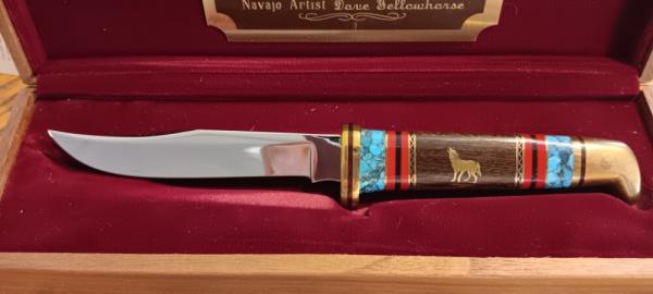 David (Dave) Yellowhorse  Buck Model 102 Knife, Custom Howling Coyote Fixed Blade 