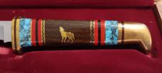 David (Dave) Yellowhorse  Buck Model 102 Knife, Custom Howling Coyote Fixed Blade 