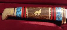 David (Dave) Yellowhorse  Buck Model 102 Knife, Custom Howling Coyote Fixed Blade 