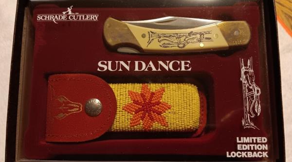 Schrade + USA SD. Sun Dance Limited Edition knife w/sheath. SN 0665 of 8,000 Schrade + USA SD. Sun Dance Limited Edition knife w/sheath. SN 0665 of 8,000