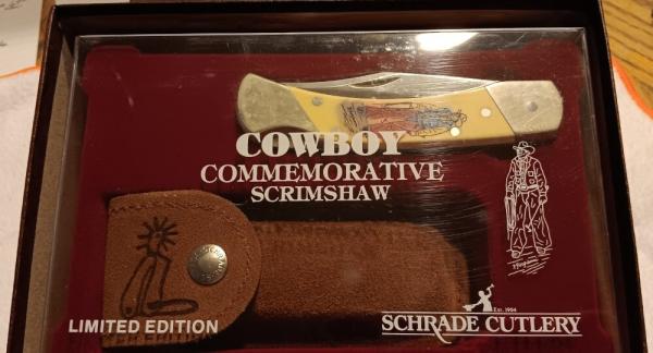 Schrade + USA LTD Limited Edition Cowboy knife w/ sheath. SN SS (salesman sample) 61 of 8,000 Schrade + USA LTD Limited Edition Cowboy knife w/ sheath. SN SS (salesman sample) 61 of 8,000