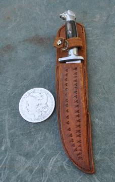 Mexican Miniature Hunting Knife 6 1/2" OAL With Leather Sheath Acid Etch Horn Inserts Ocotlan Mex.