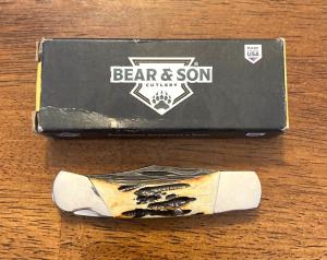 Bear amp Son 505D Stag Damascus Mid Length Lock Back