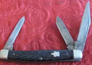 KEEN KUTTER small 3 bl stock knife wjigged black scales Pat No 874