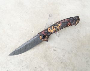 Zero Tolerance 0450CFDAMS Flipper Knife Orange & Red Marbled Multi Carbon Fiber Damascus Blade - New