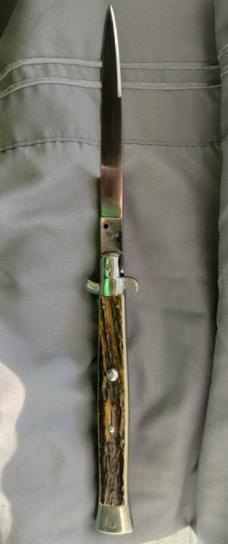 Excellent Vintage 13" Transitional Switchblade, Knarly Stag, 5mm Backspring/Blade, D Stamped