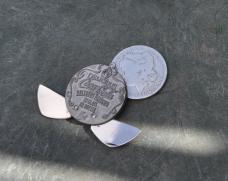 Coca-Cola Coin Knife 2 Blades Marked USA Silver Dollar Size Bail At Top Mint NOS Gray Metal Shell