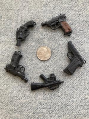 Vintage (5) Miniature, Tootsie-Toy Style, Key Chain Guns:  Examples:  P.P.K., P-.38, M-16, SPL-.44