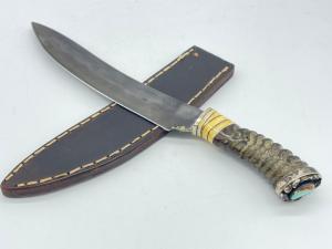 SHIVA KI Bladesmith Ivory & Horn Turquoise Butt Cap Skinner w/ Sheath