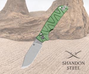 QSP Kali Button Lock Pocket Knife 14C28N Blade Green Aluminium Handle QS159-E1