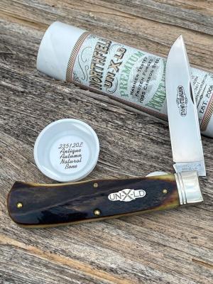 GEC NORTHFIELD ** 235120-L ANTIQUE AUTUMN NATURAL BONE PIONEER TRAPPER 1095 CARBON STEEL KNIFE