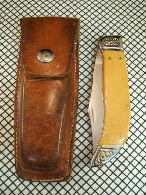 SCHRADE SC535 VINTAGE 1984 LINEN MICARTA CLASP CLIP POINT FOLDING KNIFE WITH CARVED SILVER BOLSTERS