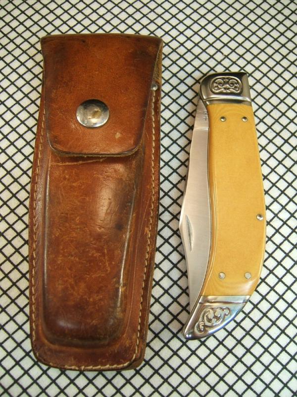 SCHRADE SC535 VINTAGE 1984 LINEN MICARTA CLASP CLIP POINT FOLDING KNIFE WITH CARVED SILVER BOLSTERS SCHRADE SC535 VINTAGE 1984 LINEN MICARTA CLASP CLIP POINT FOLDING KNIFE WITH CARVED SILVER BOLSTERS