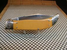 SCHRADE SC535 VINTAGE 1984 LINEN MICARTA CLASP CLIP POINT FOLDING KNIFE WITH CARVED SILVER BOLSTERS