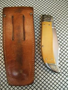 SCHRADE SC535 VINTAGE 1984 LINEN MICARTA CLASP CLIP POINT FOLDING KNIFE WITH CARVED SILVER BOLSTERS