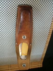 SCHRADE SC535 VINTAGE 1984 LINEN MICARTA CLASP CLIP POINT FOLDING KNIFE WITH CARVED SILVER BOLSTERS