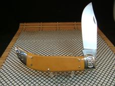 SCHRADE SC535 VINTAGE 1984 LINEN MICARTA CLASP CLIP POINT FOLDING KNIFE WITH CARVED SILVER BOLSTERS