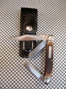 SCHRADE OLD TIMER 858OT LUMBERJACK VINTAGE U.S.A. CARBON STEEL BLADES UNUSED POCKET KNIFE W/SHEATH