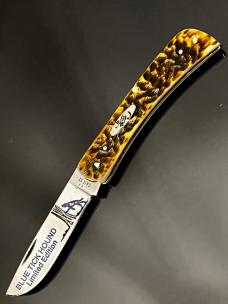 Case XX USA Blue Tick Hound ”006/020 Deep Color Etched Sodbuster Jr. Knife Peach Seed Bone.