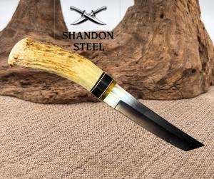 CUSTOM TANTO FIXED BLADE KNIFE STAG HANDLE LEATHER SHEATH HUNTING CAMPING (C03)