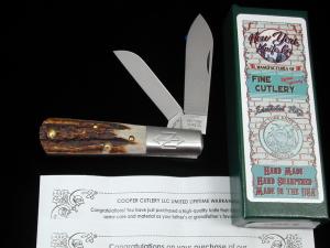 New York Knife Co A+ Genuine Stag Barlow Knife by Cooper Cutlery 2506 S USA Made Integral Bolsters 