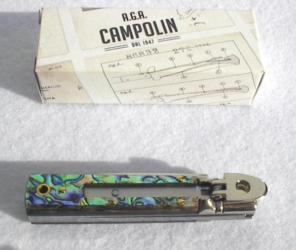 NEW A.G.A. CAMPOLIN 6" BEAUTIFUL ABALONE SCALES AUTOMATIC LEVER LOCK MANIAGO ITALY NEW A.G.A. CAMPOLIN 6" BEAUTIFUL ABALONE SCALES AUTOMATIC LEVER LOCK MANIAGO ITALY