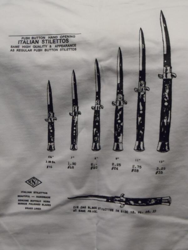 1950's "Rosco" Italian Stiletto Knives t-shirt XL 1950's "Rosco" Italian Stiletto Knives t-shirt XL