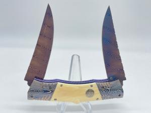 RAINY VALLOTTON Custom TNT Double Blade Damascus & Mammoth Fossil Automatic