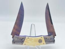 RAINY VALLOTTON Custom TNT Double Blade Damascus & Mammoth Fossil Automatic