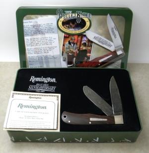 Remington USA R1128 2007 25th Anniv. Cocobola Damascus Silver Bullet Trapper Knife in Tin