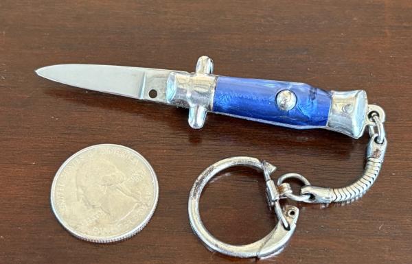 Bambi Mini Keychain Switchblade Knife, Blue Swirl Handle, Made By Farfalli In Italy, Unused
