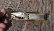 Large Multi Blade Occupied Japan Folder Jigged Honey Bone 6" Closed Sanko Cop. Japan Blades Snap