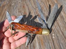 Large Multi Blade Occupied Japan Folder Jigged Honey Bone 6" Closed Sanko Cop. Japan Blades Snap