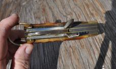Large Multi Blade Occupied Japan Folder Jigged Honey Bone 6" Closed Sanko Cop. Japan Blades Snap
