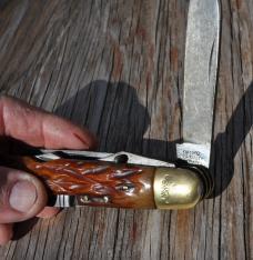 Large Multi Blade Occupied Japan Folder Jigged Honey Bone 6" Closed Sanko Cop. Japan Blades Snap