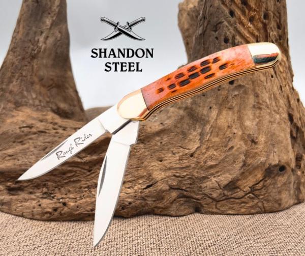 Rough Ryder 2" Tiny 2 Blade Copperhead Amber Jigged Bone Handles w/Loop RR186