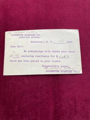 Incredibly RARE RARE ROBESON CUTLERY COROCHESTER STAMPING CO Order Confirmation Post Card