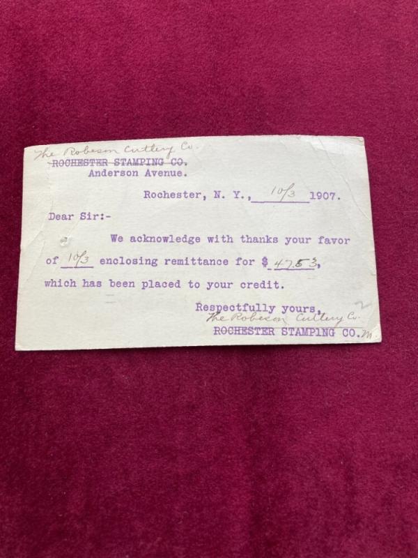 Incredibly RARE, RARE ROBESON CUTLERY CO./ROCHESTER STAMPING CO. Order Confirmation Post Card