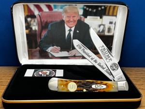 Case XX USA President Trump 1/40 Tribute Peach Seed Amber Bone Trapper/Inlaid Gold Plated DJT shield