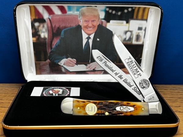 Case XX USA President Trump 1/40 Tribute Peach Seed Amber Bone Trapper/Inlaid Gold Plated DJT shield Case XX USA President Trump 1/40 Tribute Peach Seed Amber Bone Trapper/Inlaid Gold Plated DJT shield
