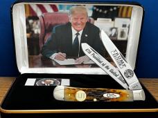 Case XX USA President Trump 1/40 Tribute Peach Seed Amber Bone Trapper/Inlaid Gold Plated DJT shield