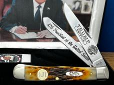 Case XX USA President Trump 1/40 Tribute Peach Seed Amber Bone Trapper/Inlaid Gold Plated DJT shield