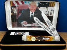 Case XX USA President Trump 1/40 Tribute Peach Seed Amber Bone Trapper/Inlaid Gold Plated DJT shield