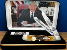 Case XX USA President Trump 1/40 Tribute Peach Seed Amber Bone Trapper/Inlaid Gold Plated DJT shield