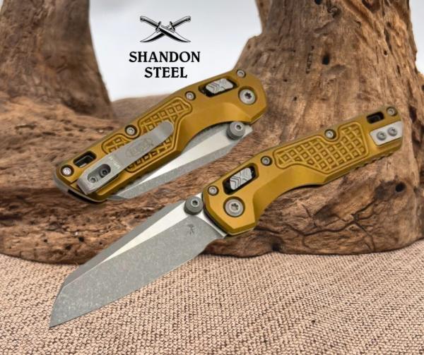 Microtech MSI RAM LOK Mini Tan Frag Aluminum Handles w/ Apocalyptic M390MK 210M-10APFRTA Microtech MSI RAM LOK Mini Tan Frag Aluminum Handles w/ Apocalyptic M390MK 210M-10APFRTA