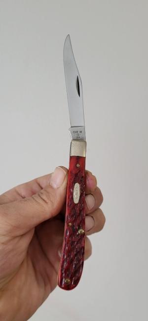 4 1/8"Case XX USA Red Bone R61048 SS  Slimline Trapper Farmers Jack Knife. 1985 
