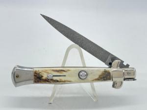 AB ITALY Genuine Stag Bolster Lock Damascus Stiletto Push Button Automatic 
