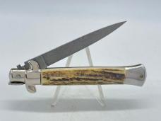 AB ITALY Genuine Stag Bolster Lock Damascus Stiletto Push Button Automatic 