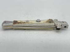 AB ITALY Genuine Stag Bolster Lock Damascus Stiletto Push Button Automatic 