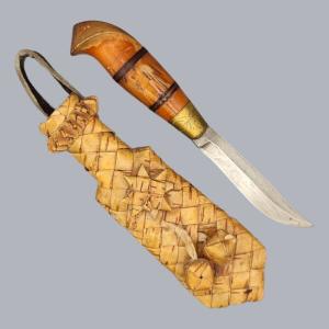 Vintage 1940s Finnish Tuohituppi Puukko Knife with Birchbark Sheath #8710